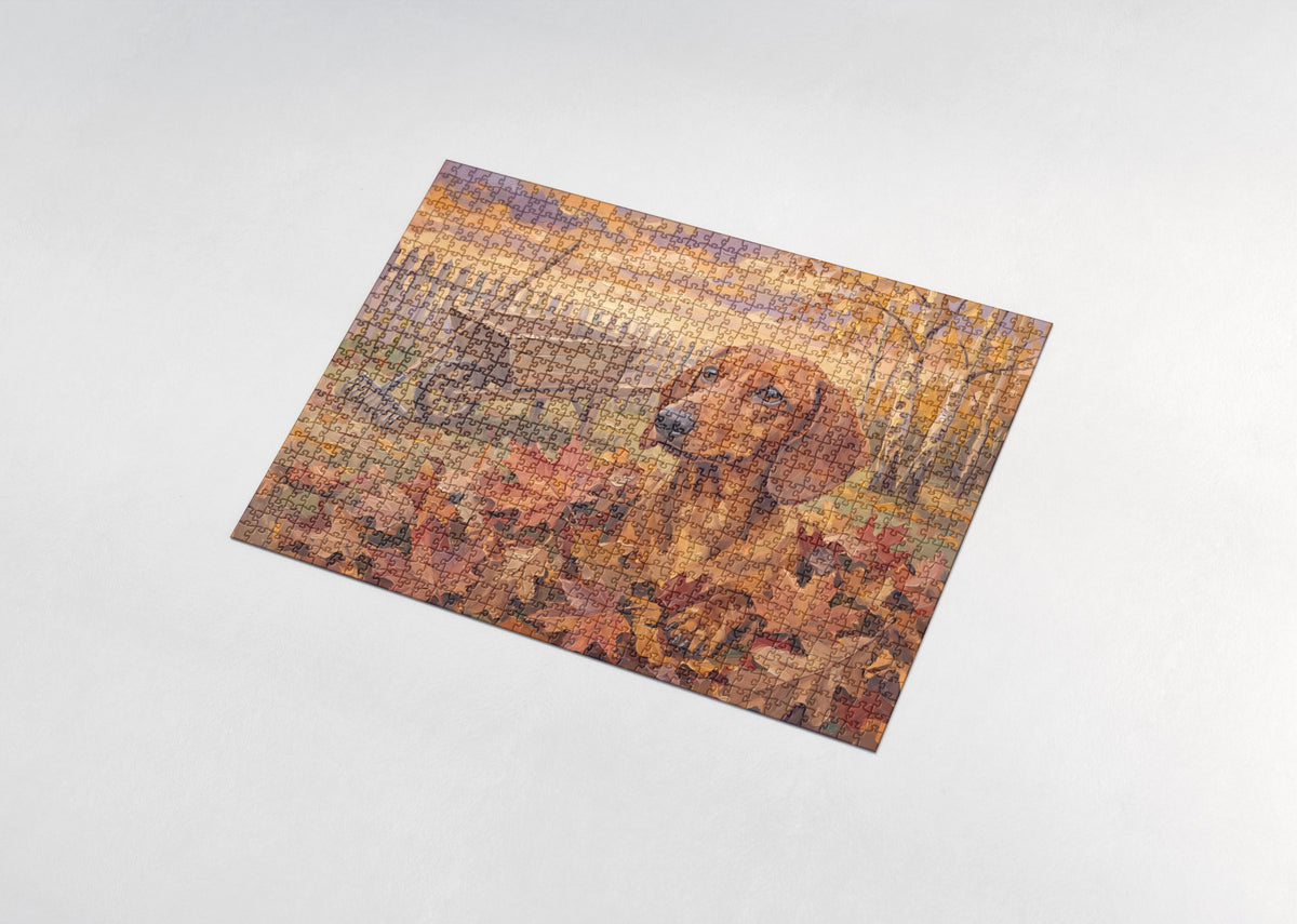 Dachshund in the Autumn Leaf Pile jigsaw puzzle - assembled puzzle