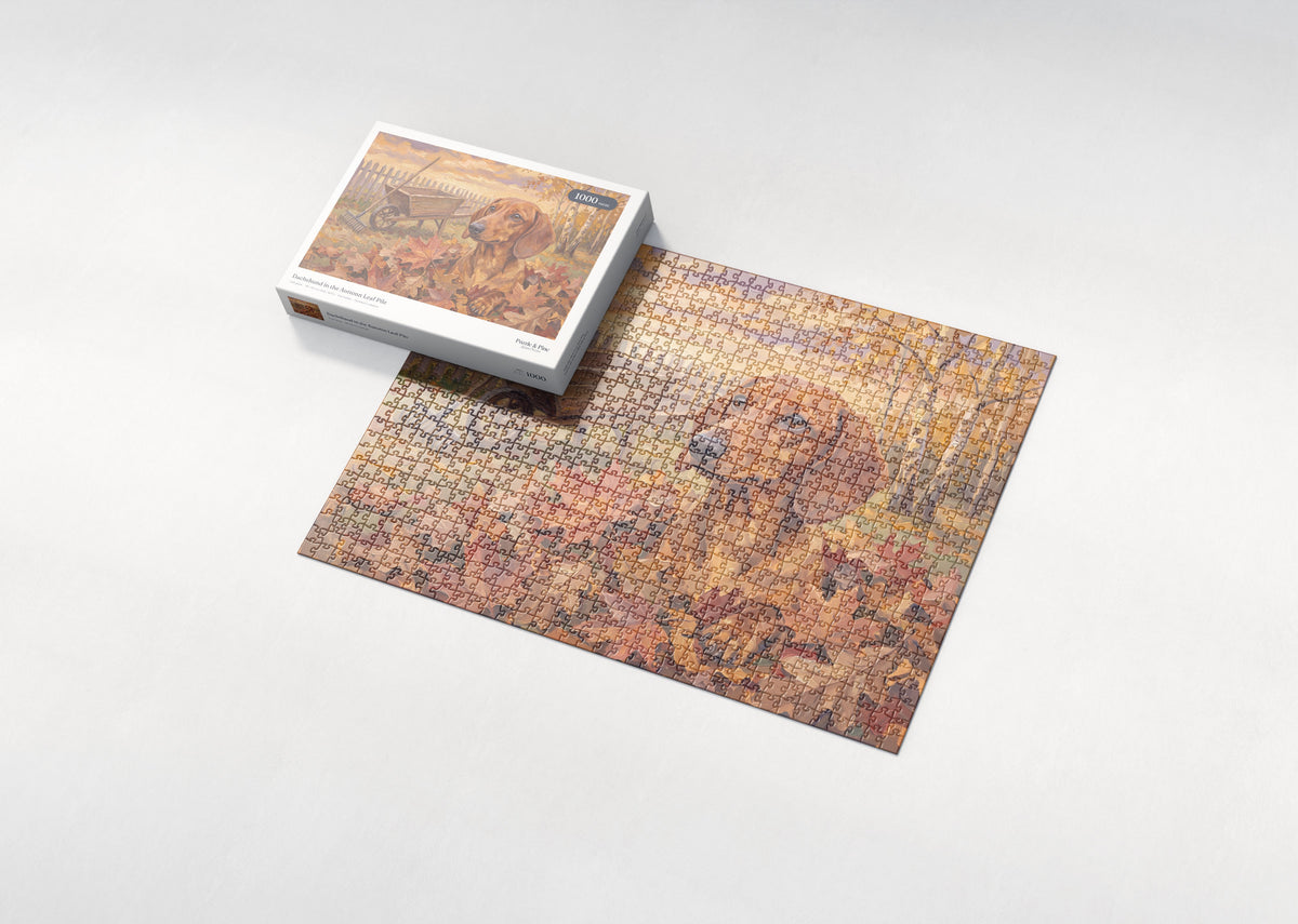 Dachshund in the Autumn Leaf Pile jigsaw puzzle - box and puzzle