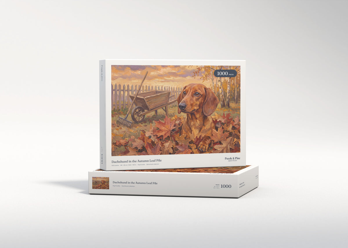Dachshund in the Autumn Leaf Pile jigsaw puzzle - gift box