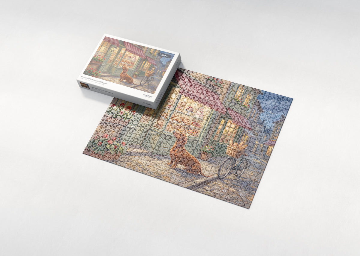 Dachshund in the Golden Vineyard jigsaw puzzle - box and puzzle