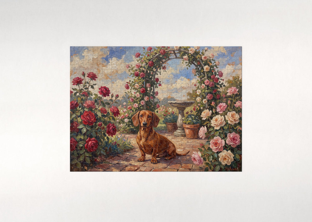 Dachshund in the Rose Garden jigsaw puzzle - flat puzzle