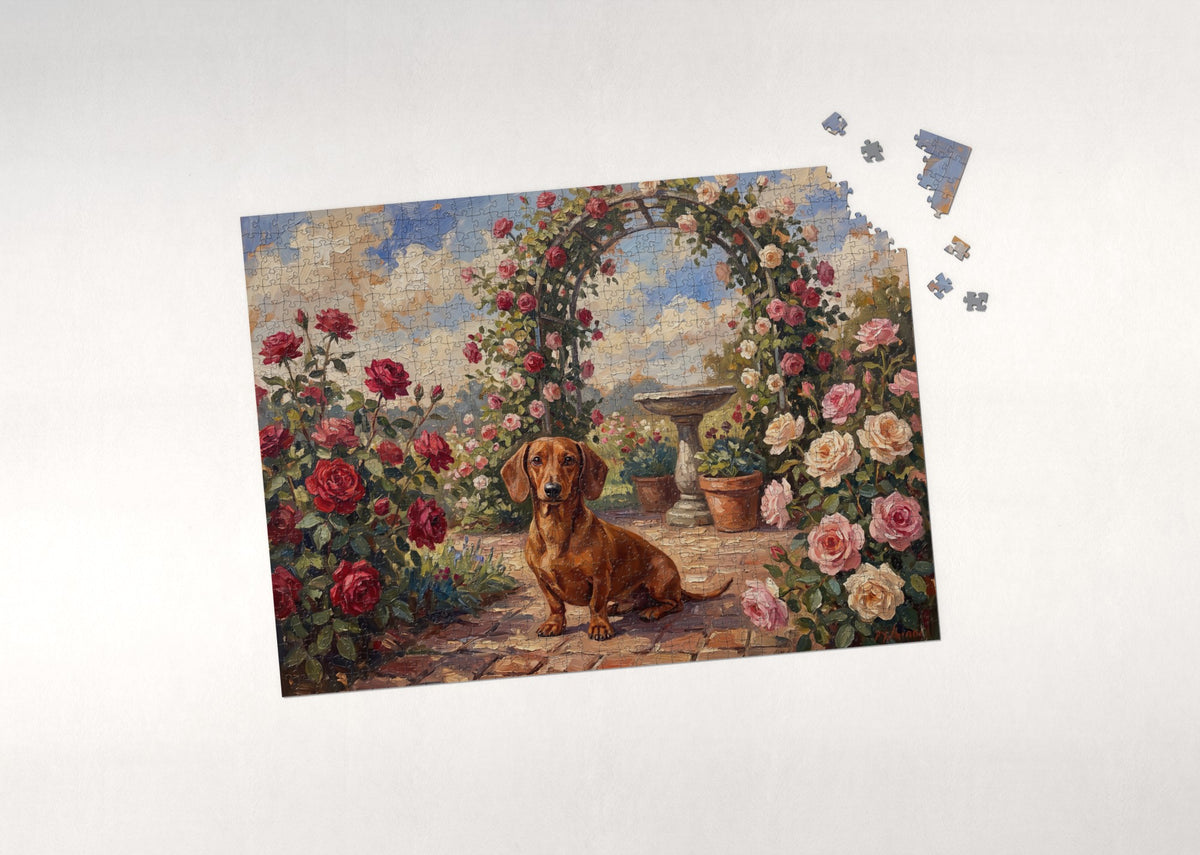 Dachshund in the Rose Garden jigsaw puzzle - puzzle with loose pieces