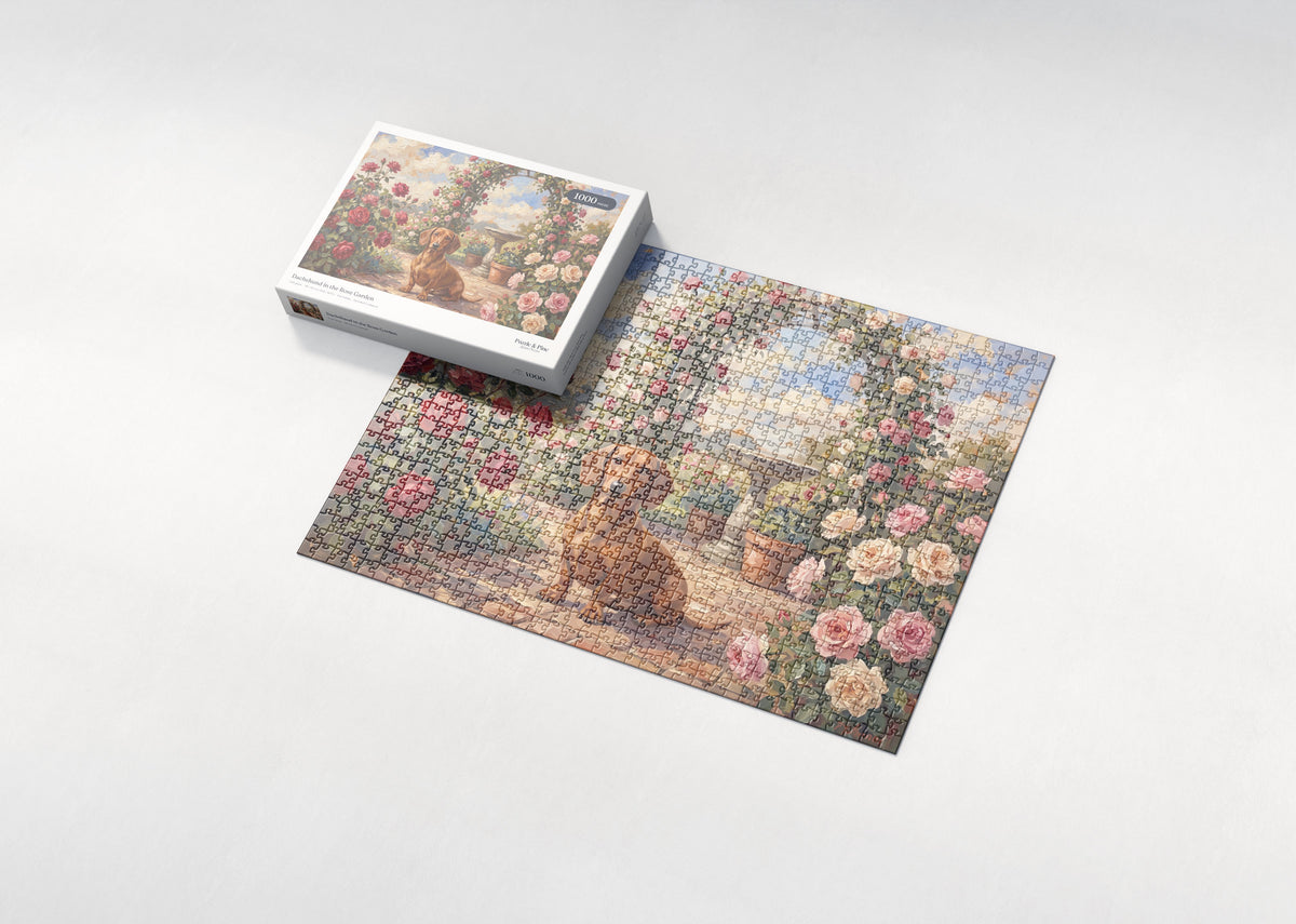 Dachshund in the Rose Garden jigsaw puzzle - box and puzzle