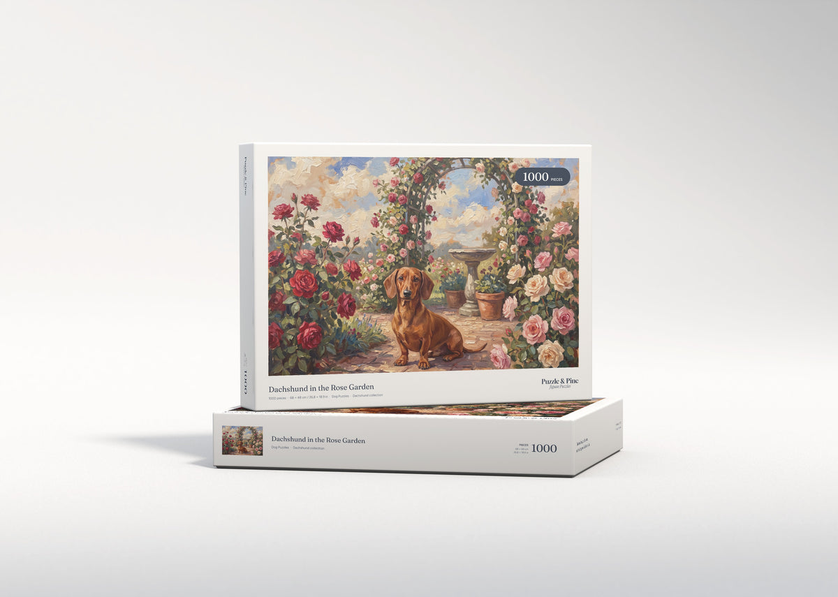 Dachshund in the Rose Garden jigsaw puzzle - gift box