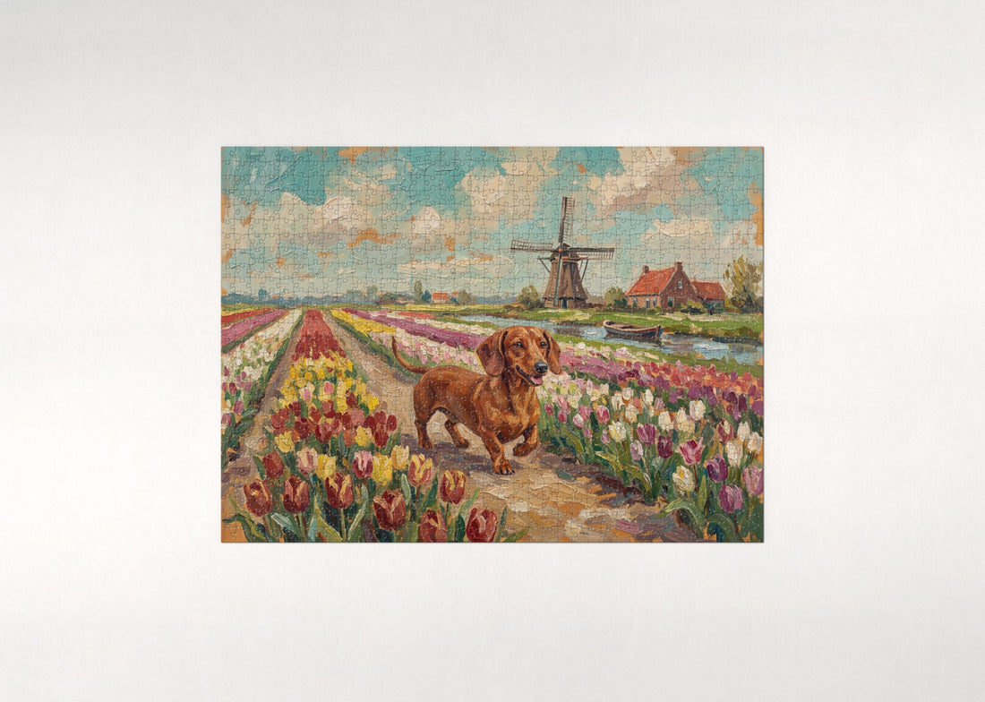 Dachshund in the Tulip Field jigsaw puzzle - gift box