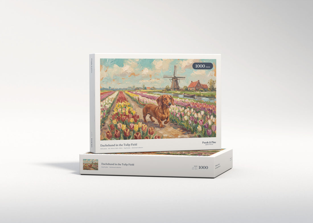 Dachshund in the Tulip Field jigsaw puzzle - gift box