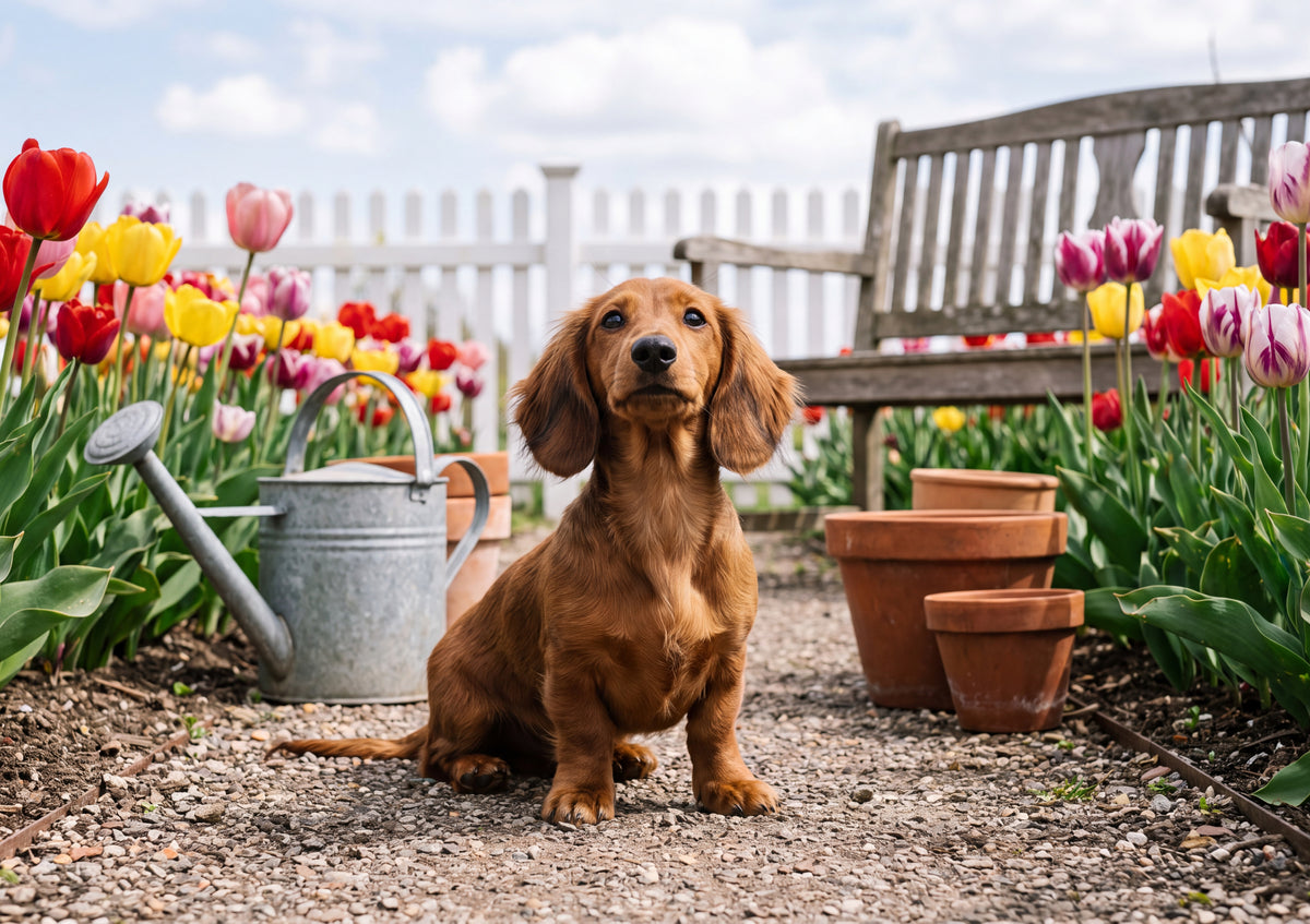 Dachshund Puppy in the Tulip Garden jigsaw puzzle