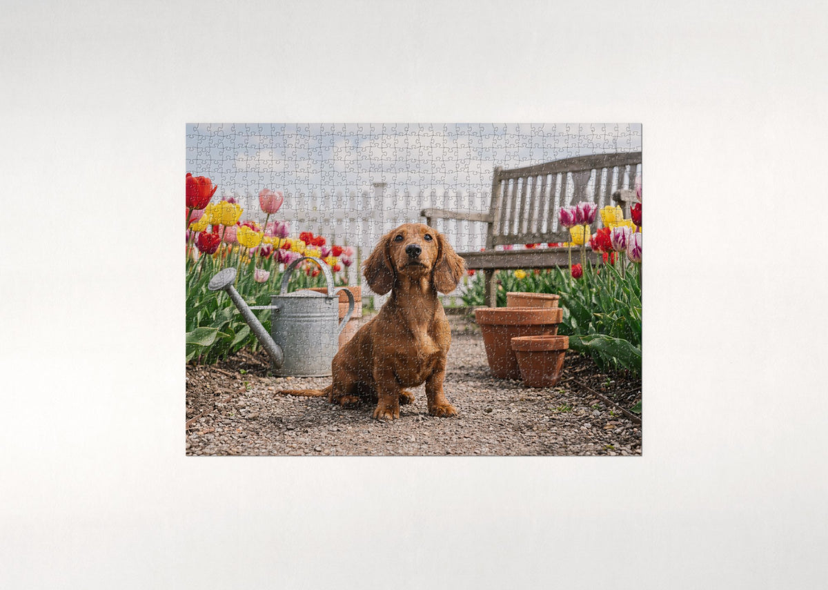 Dachshund Puppy in the Tulip Garden jigsaw puzzle - flat puzzle
