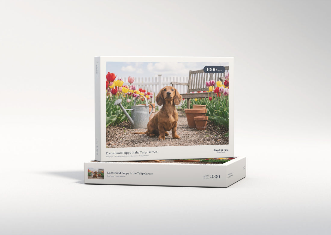 Dachshund Puppy in the Tulip Garden jigsaw puzzle - gift box