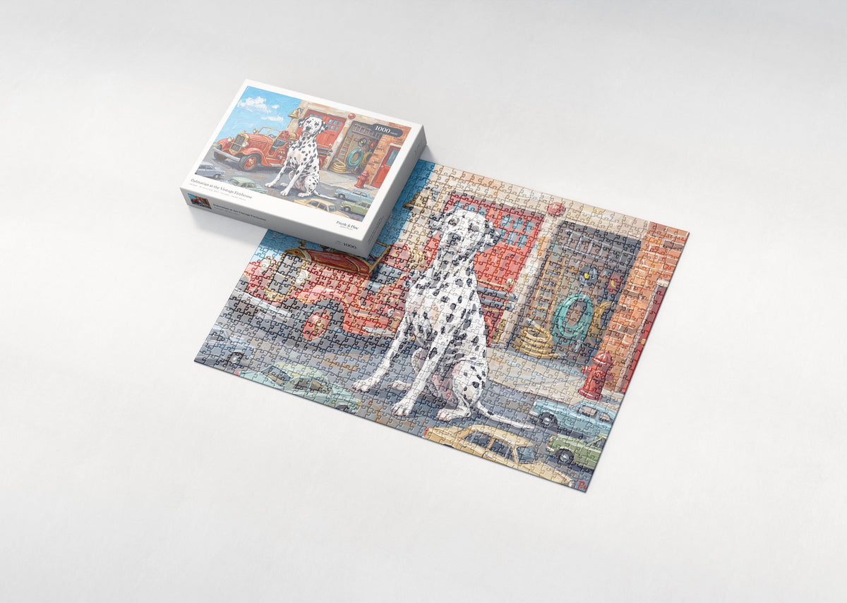Dalmatian at the Vintage Firehouse jigsaw puzzle - box and puzzle
