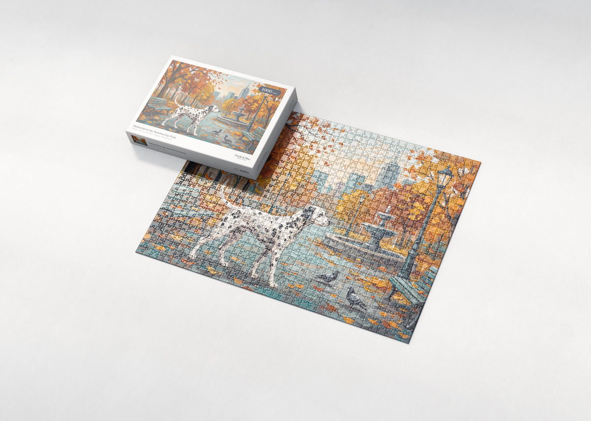 Dalmatian in the Autumn City Park jigsaw puzzle - box and puzzle