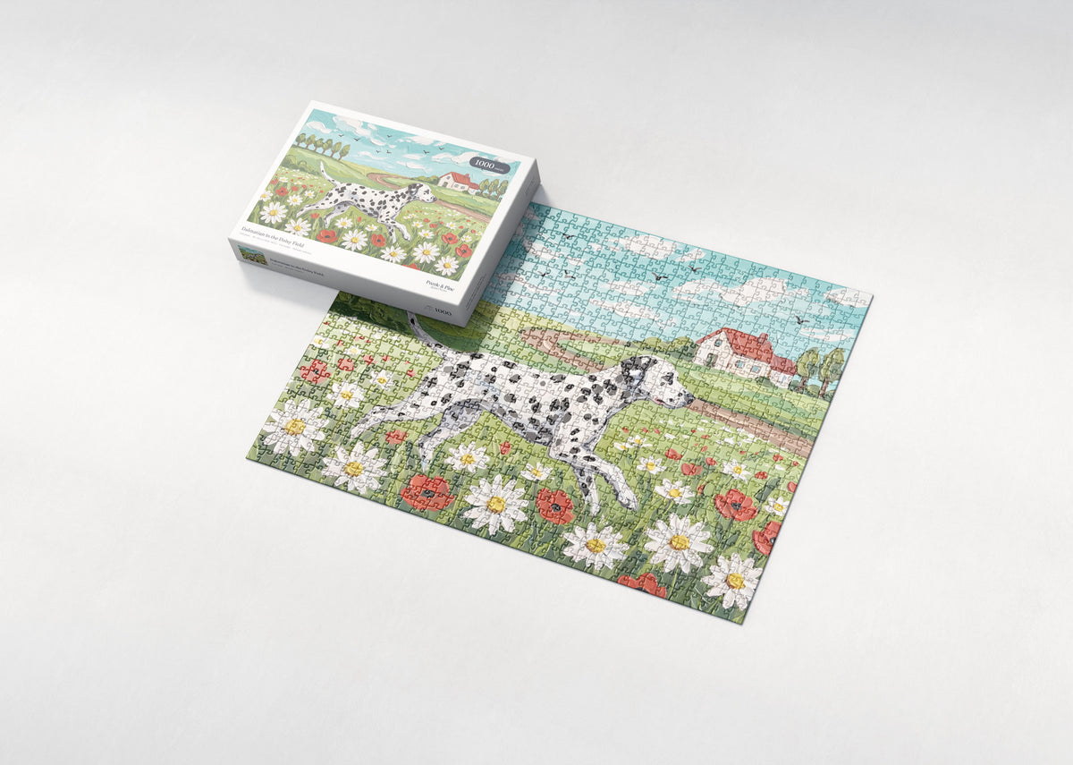 Dalmatian in the Daisy Field jigsaw puzzle - box and puzzle