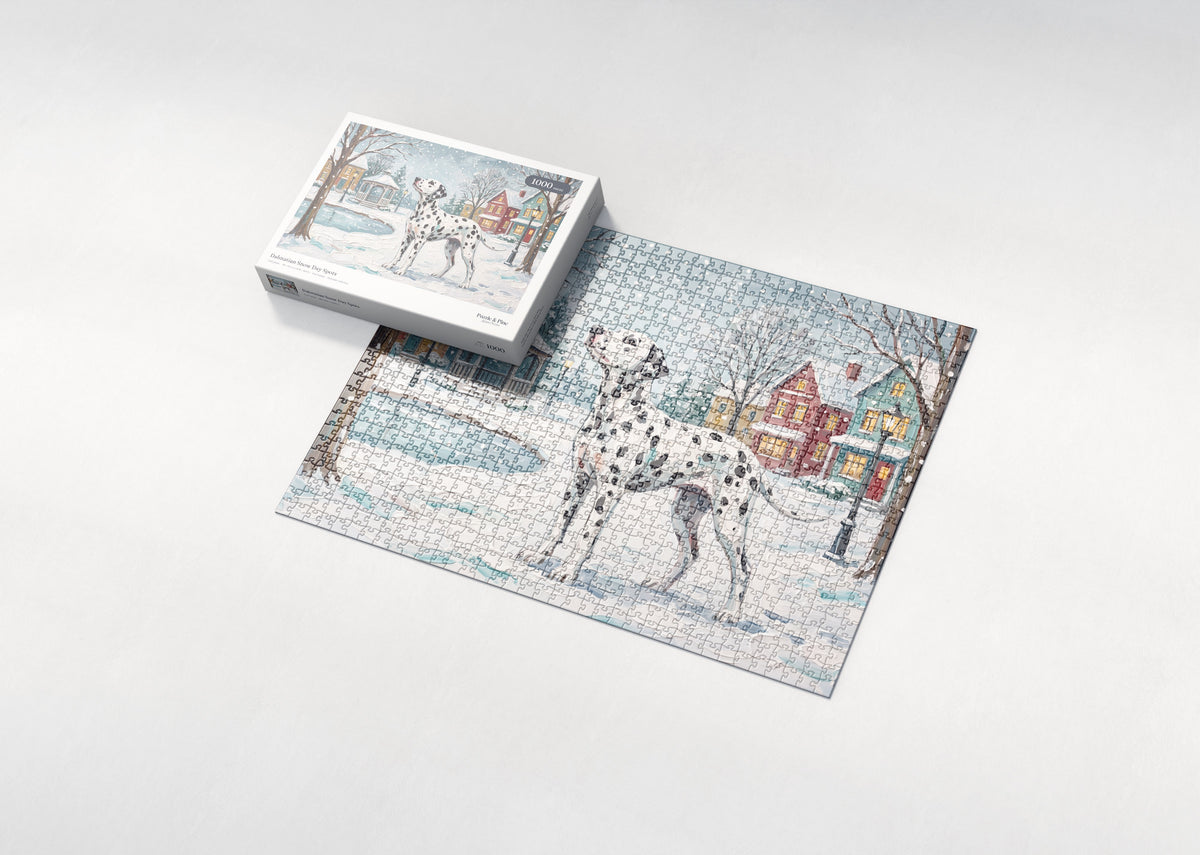 Dalmatian Snow Day Spots jigsaw puzzle - box and puzzle