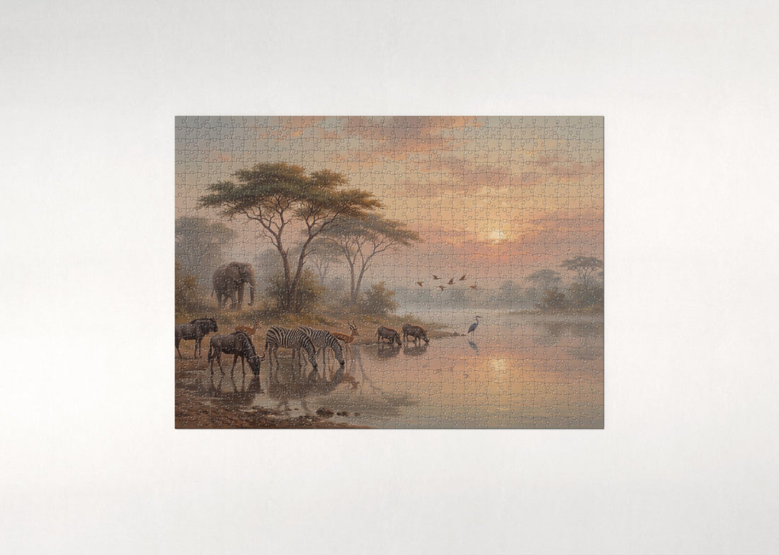 Dawn Gathering at the Waterhole jigsaw puzzle - gift box