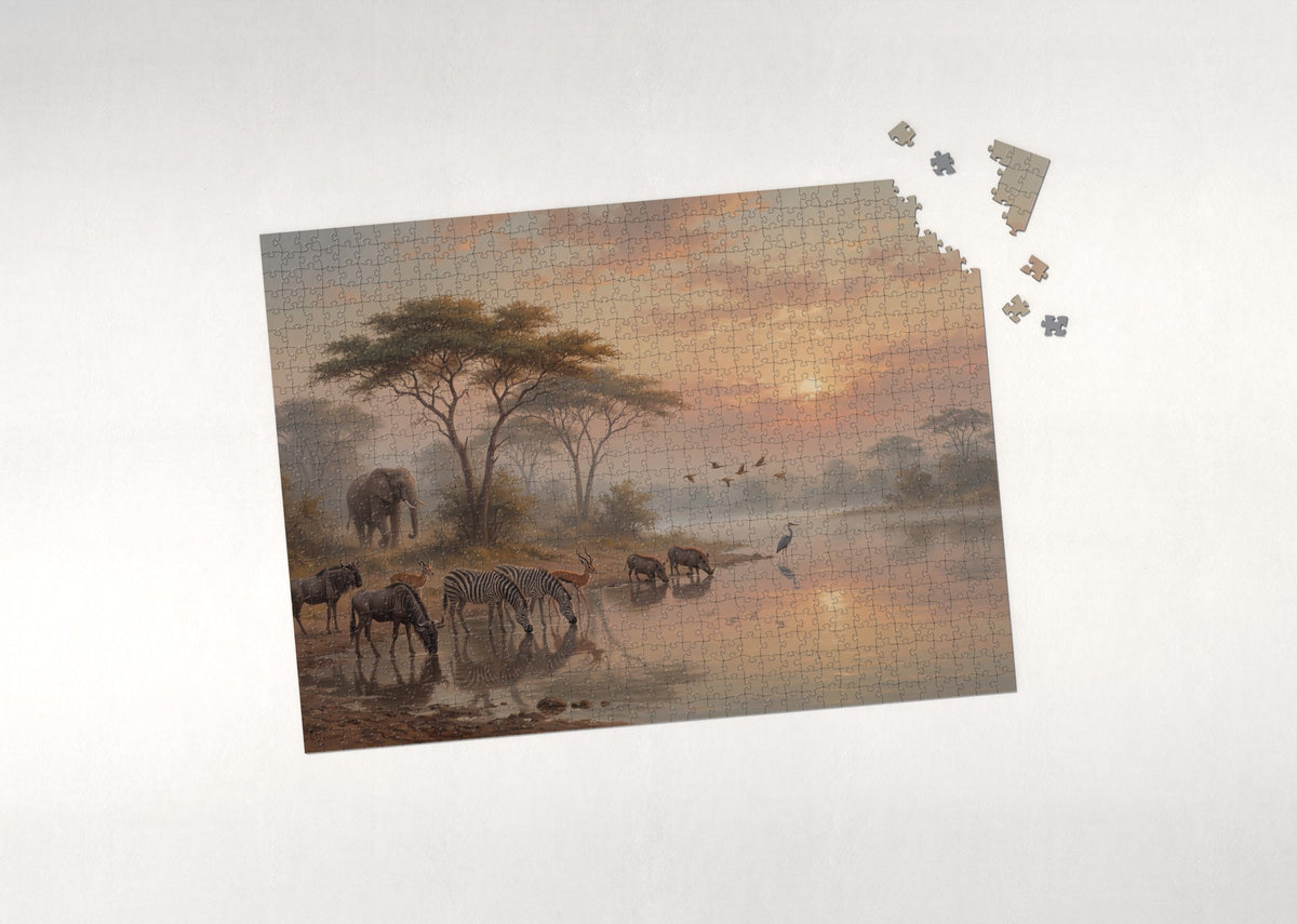 Dawn Gathering at the Waterhole jigsaw puzzle - puzzle with loose pieces