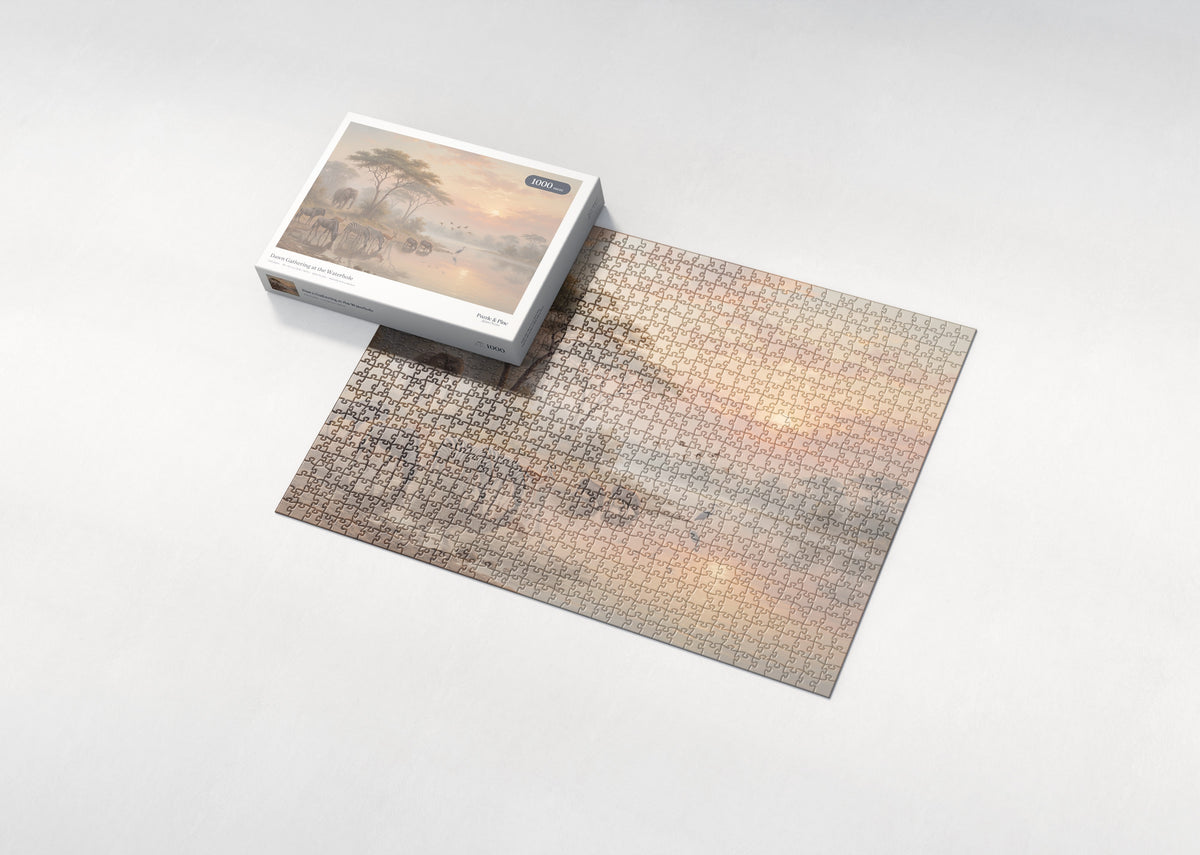 Dawn Gathering at the Waterhole jigsaw puzzle - box and puzzle