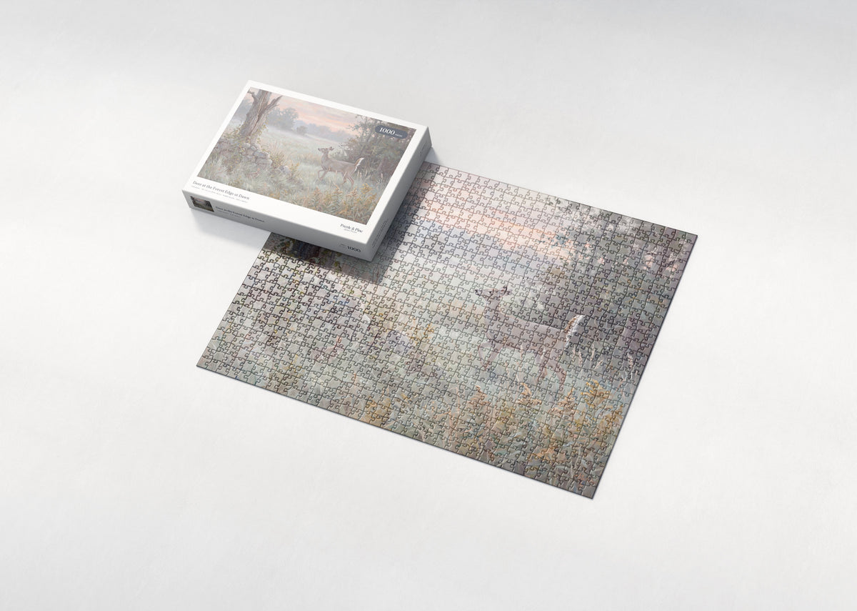 Deer at the Forest Edge at Dawn jigsaw puzzle - box and puzzle