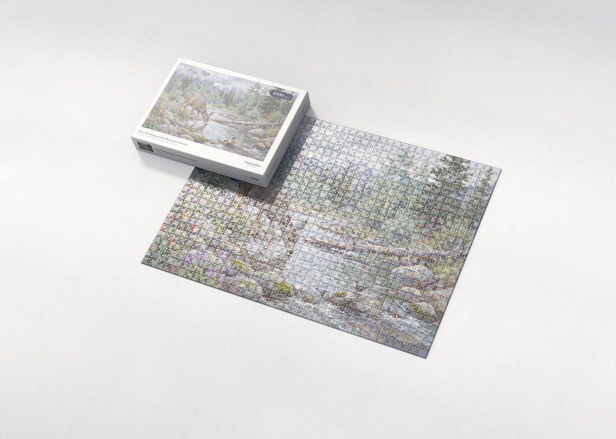 Deer Drinking at the Mountain Stream jigsaw puzzle - box and puzzle