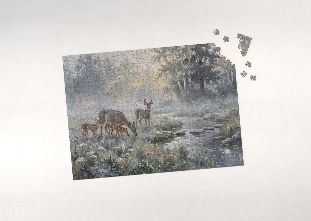 Deer Family in the Morning Mist jigsaw puzzle - puzzle with loose pieces