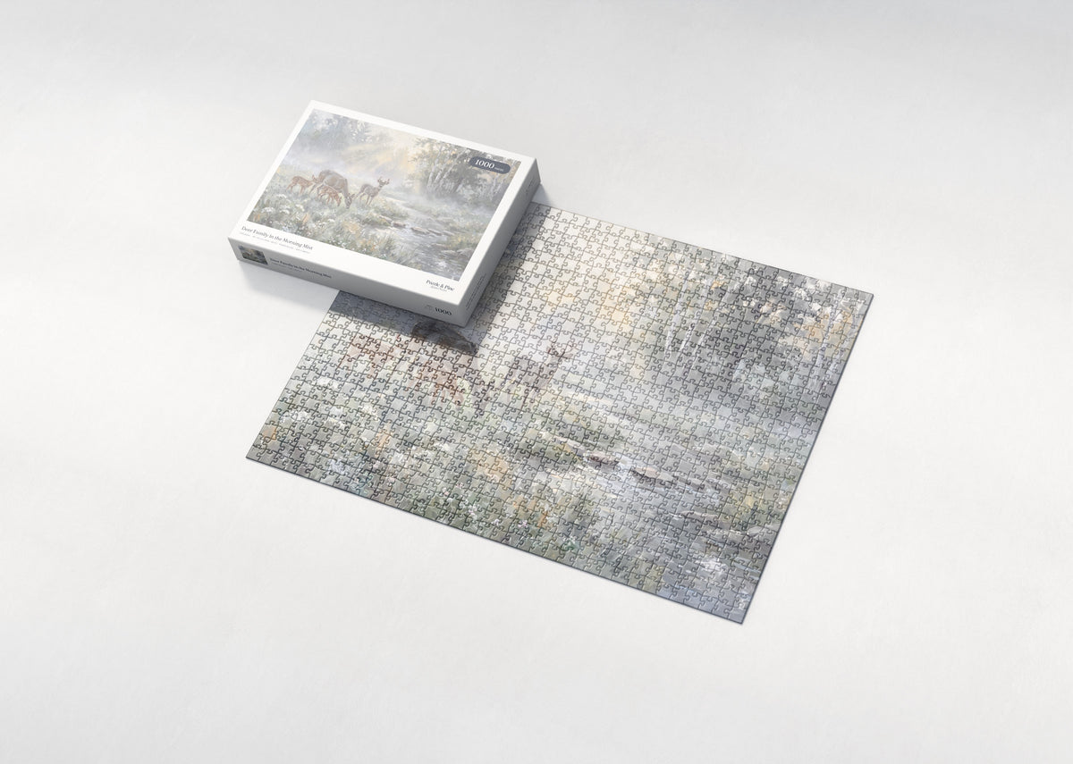 Deer Family in the Morning Mist jigsaw puzzle - box and puzzle