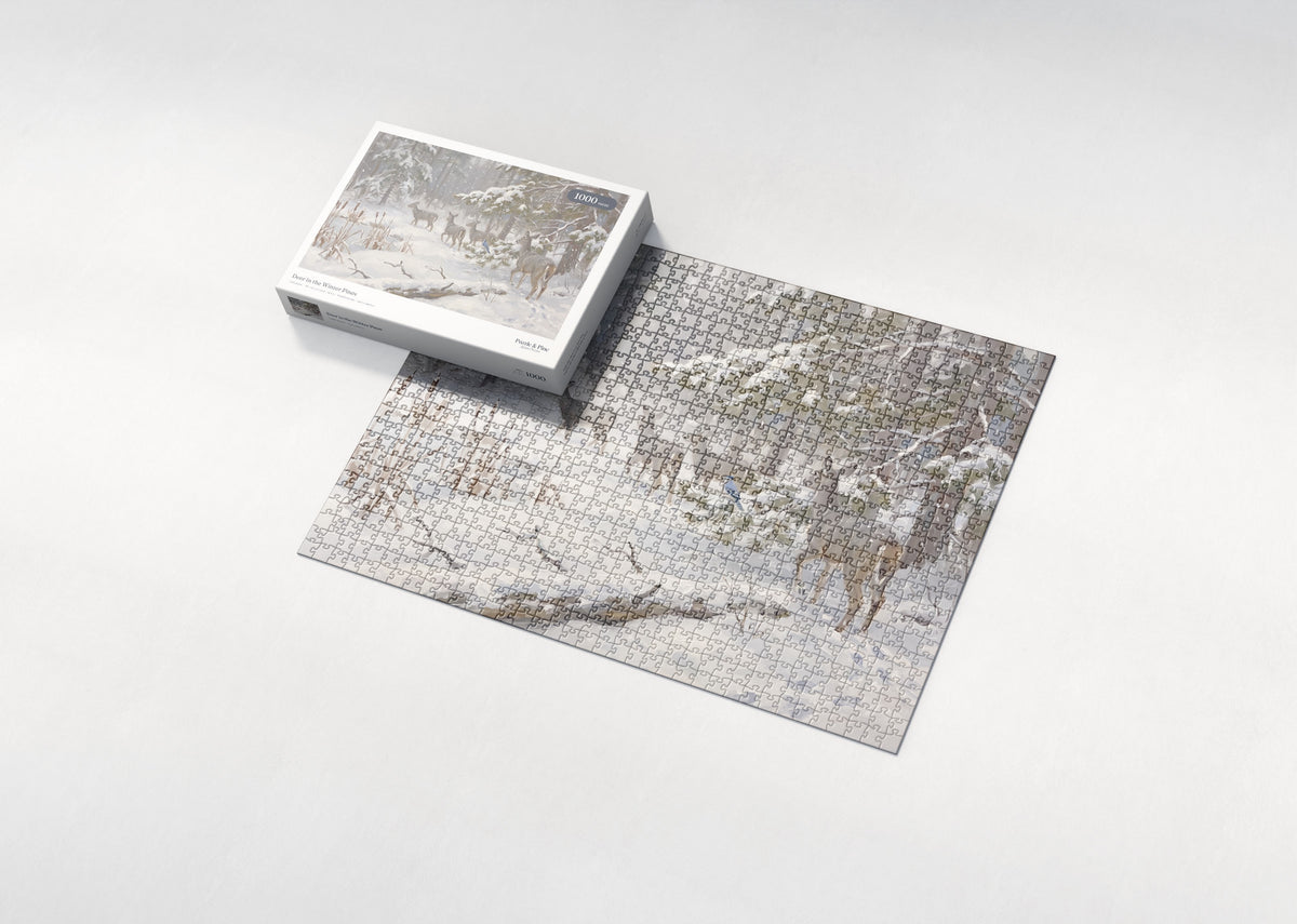 Deer in the Winter Pines jigsaw puzzle - box and puzzle