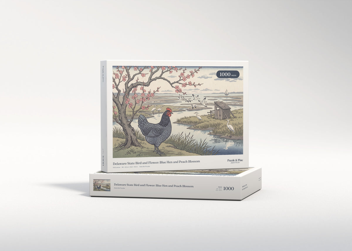 Delaware State Bird and Flower: Blue Hen and Peach Blossom jigsaw puzzle - gift box