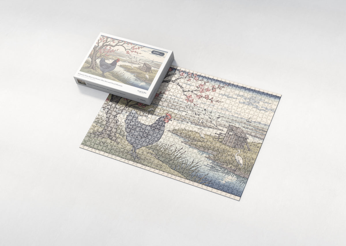 Delaware State Bird and Flower: Blue Hen and Peach Blossom jigsaw puzzle - box and puzzle
