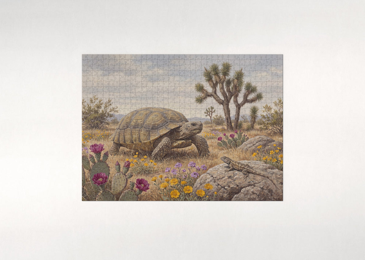 Desert Tortoise Among the Cactus Flowers jigsaw puzzle - flat puzzle