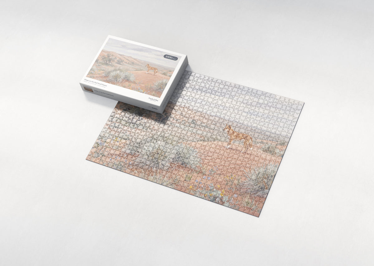 Dingo on the Red Sand Dunes jigsaw puzzle - box and puzzle