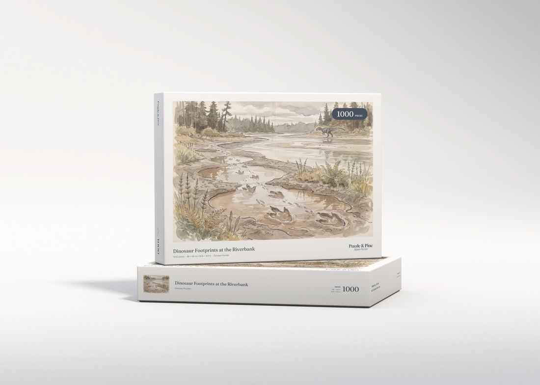 Dinosaur Footprints at the Riverbank jigsaw puzzle - gift box