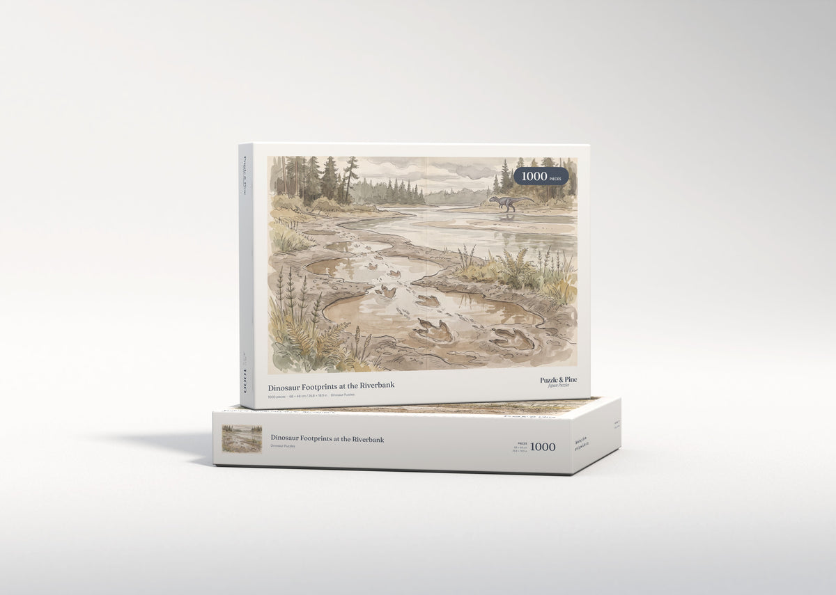 Dinosaur Footprints at the Riverbank jigsaw puzzle - gift box