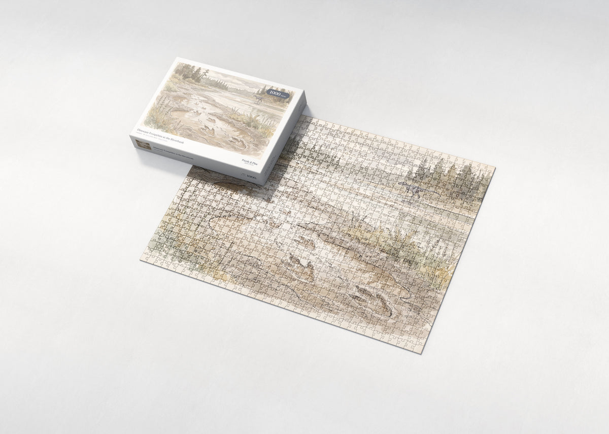 Dinosaur Footprints at the Riverbank jigsaw puzzle - box and puzzle