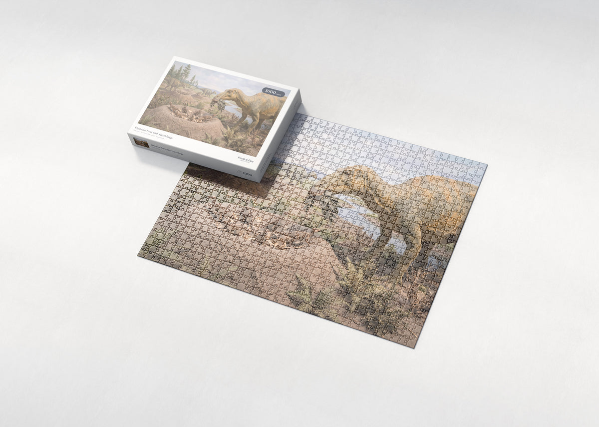 Dinosaur Nest with Hatchlings jigsaw puzzle - box and puzzle
