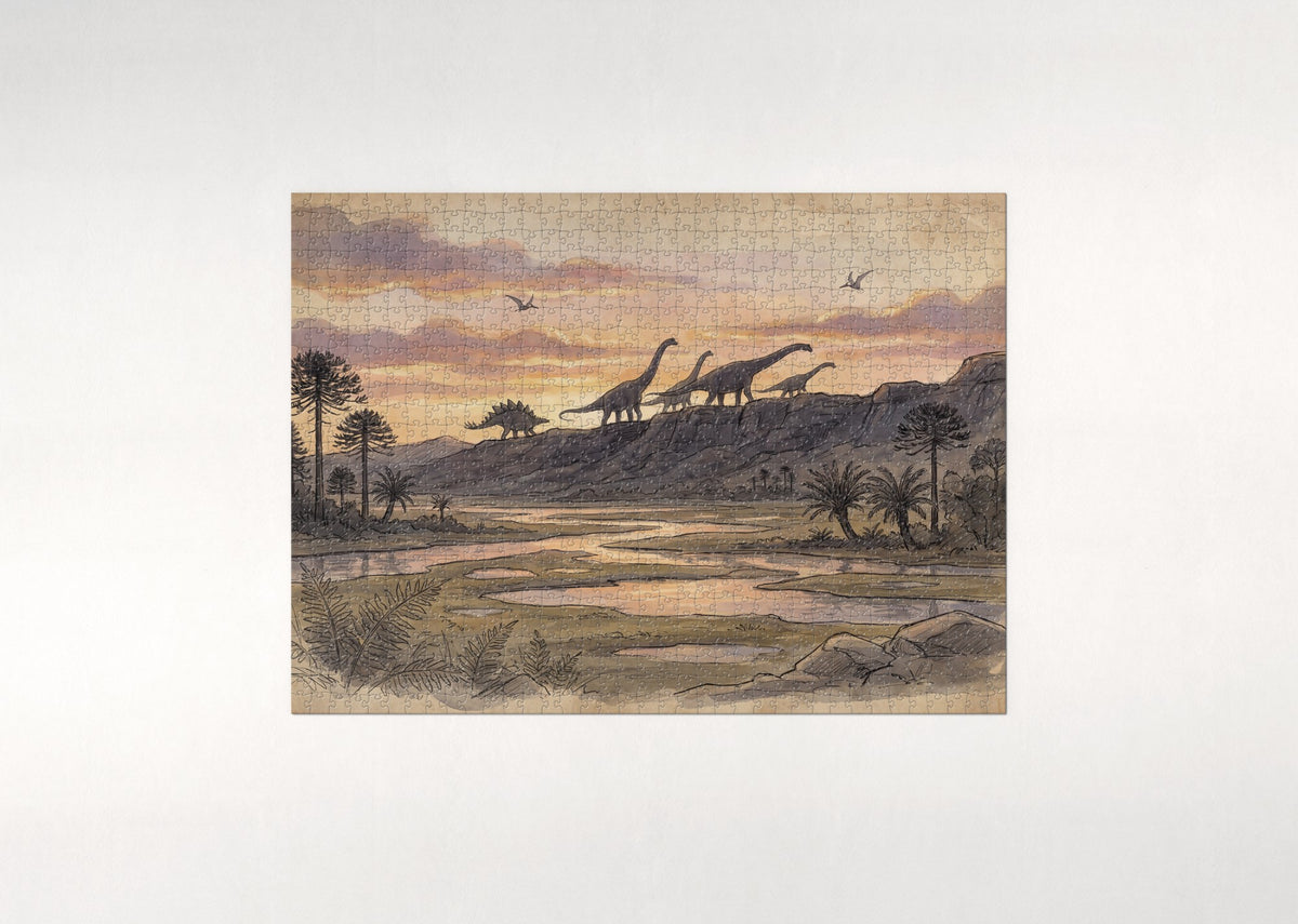 Dinosaur Silhouettes at Sunset jigsaw puzzle - flat puzzle