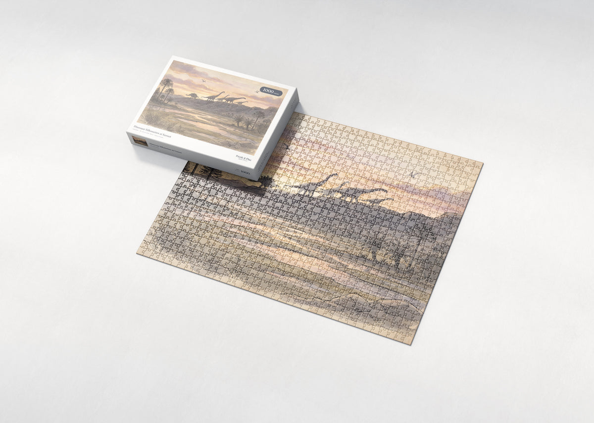 Dinosaur Silhouettes at Sunset jigsaw puzzle - box and puzzle