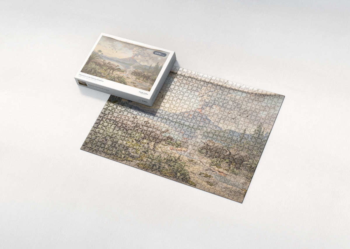 Dinosaurs at the Volcano Eruption jigsaw puzzle - box and puzzle