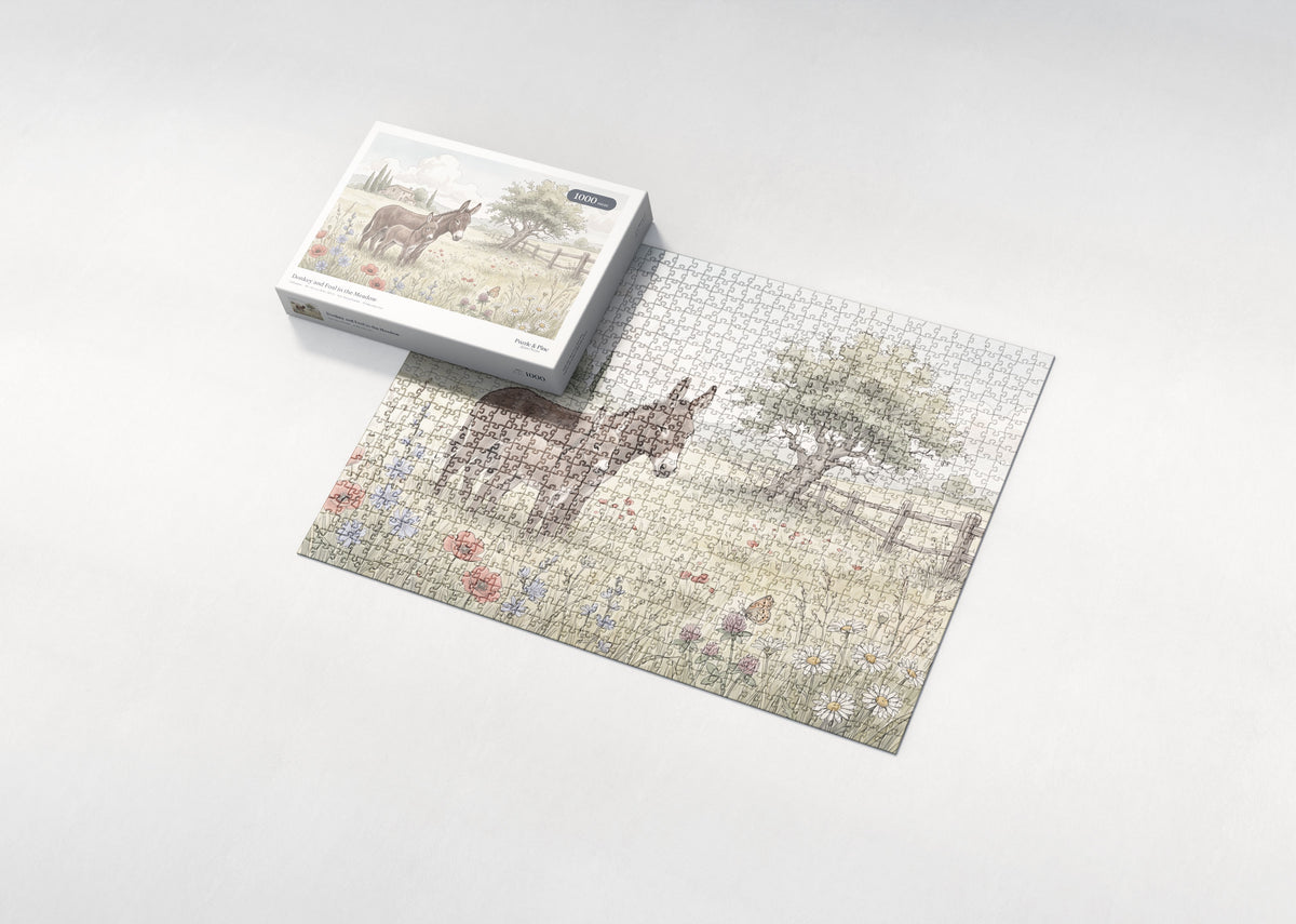 Donkey and Foal in the Meadow jigsaw puzzle - box and puzzle