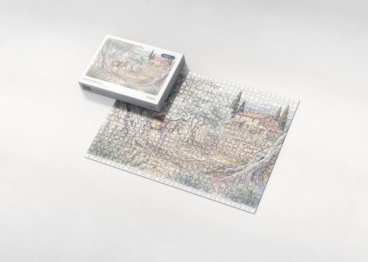 Donkey at the Olive Grove jigsaw puzzle - box and puzzle