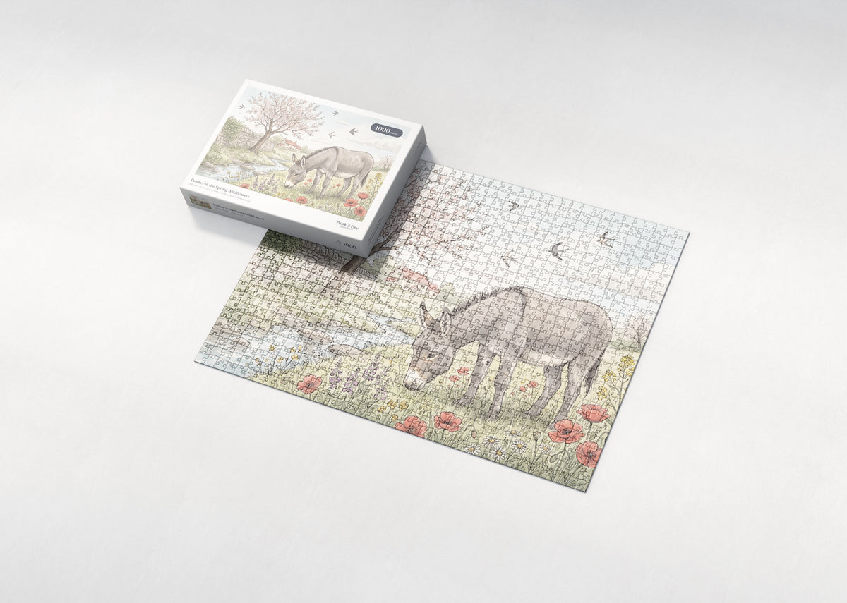 Donkey in the Spring Wildflowers jigsaw puzzle - box and puzzle