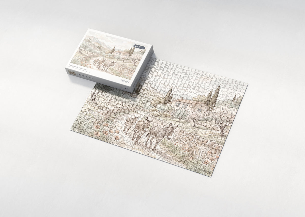 Donkeys on the Country Lane jigsaw puzzle - box and puzzle