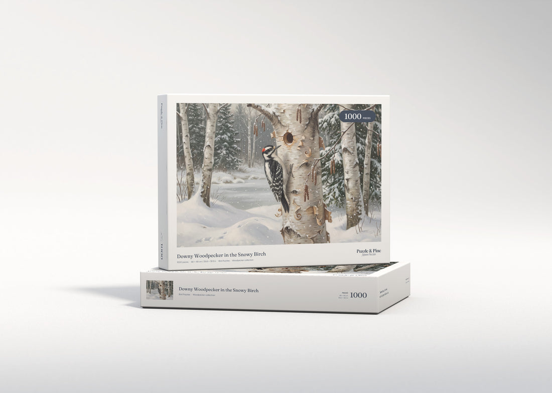 Downy Woodpecker in the Snowy Birch jigsaw puzzle - gift box