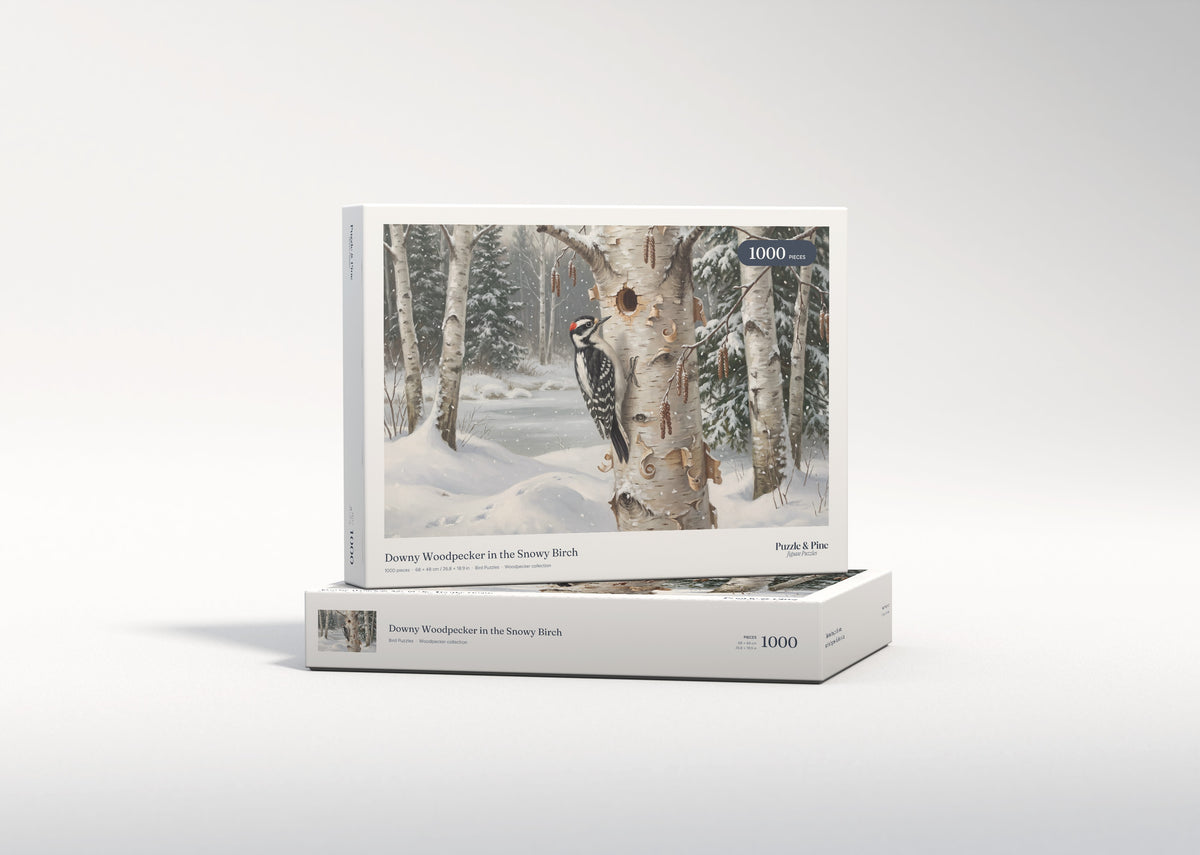 Downy Woodpecker in the Snowy Birch jigsaw puzzle - gift box