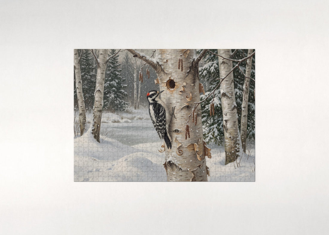 Downy Woodpecker in the Snowy Birch jigsaw puzzle - gift box