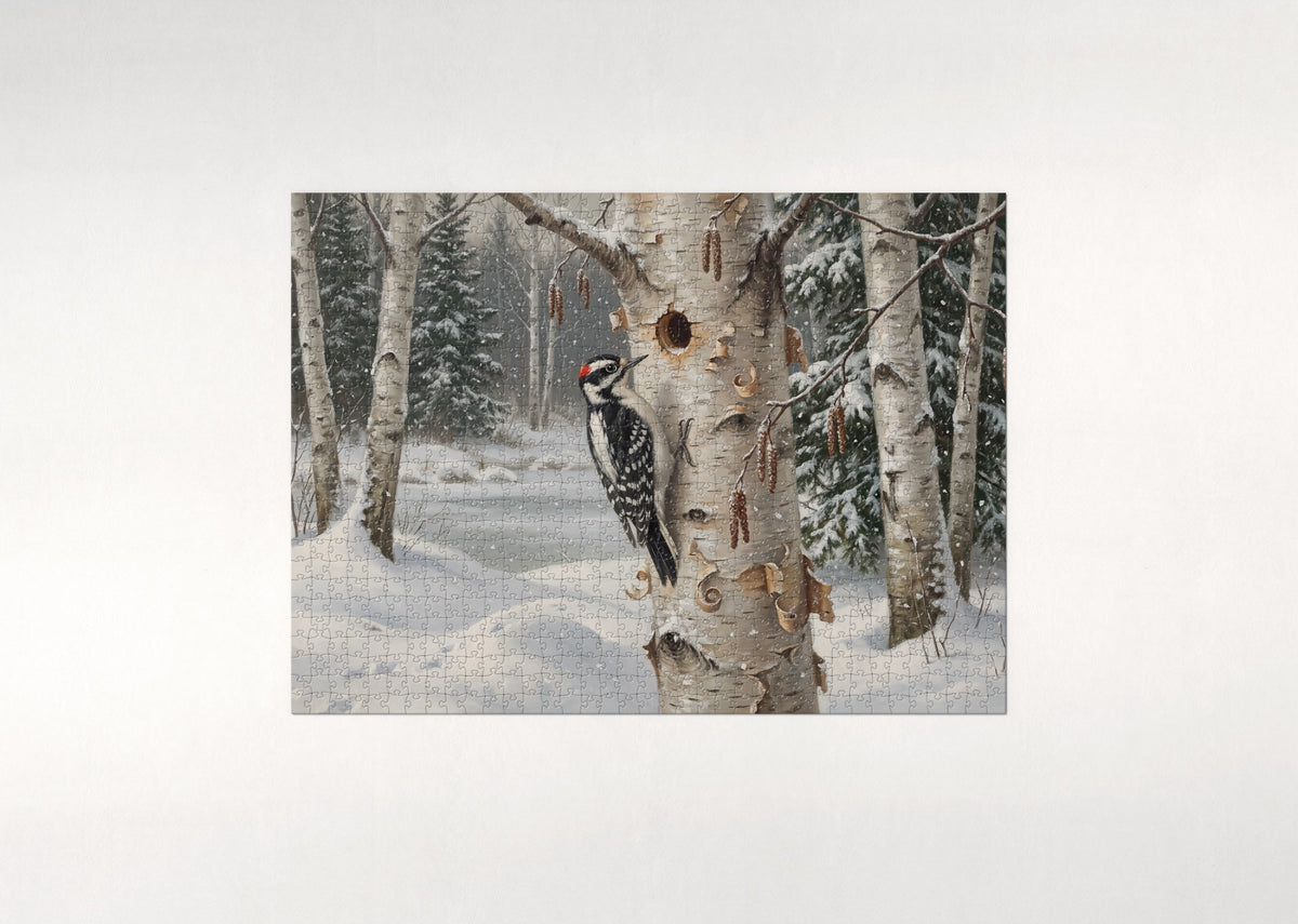 Downy Woodpecker in the Snowy Birch jigsaw puzzle - flat puzzle