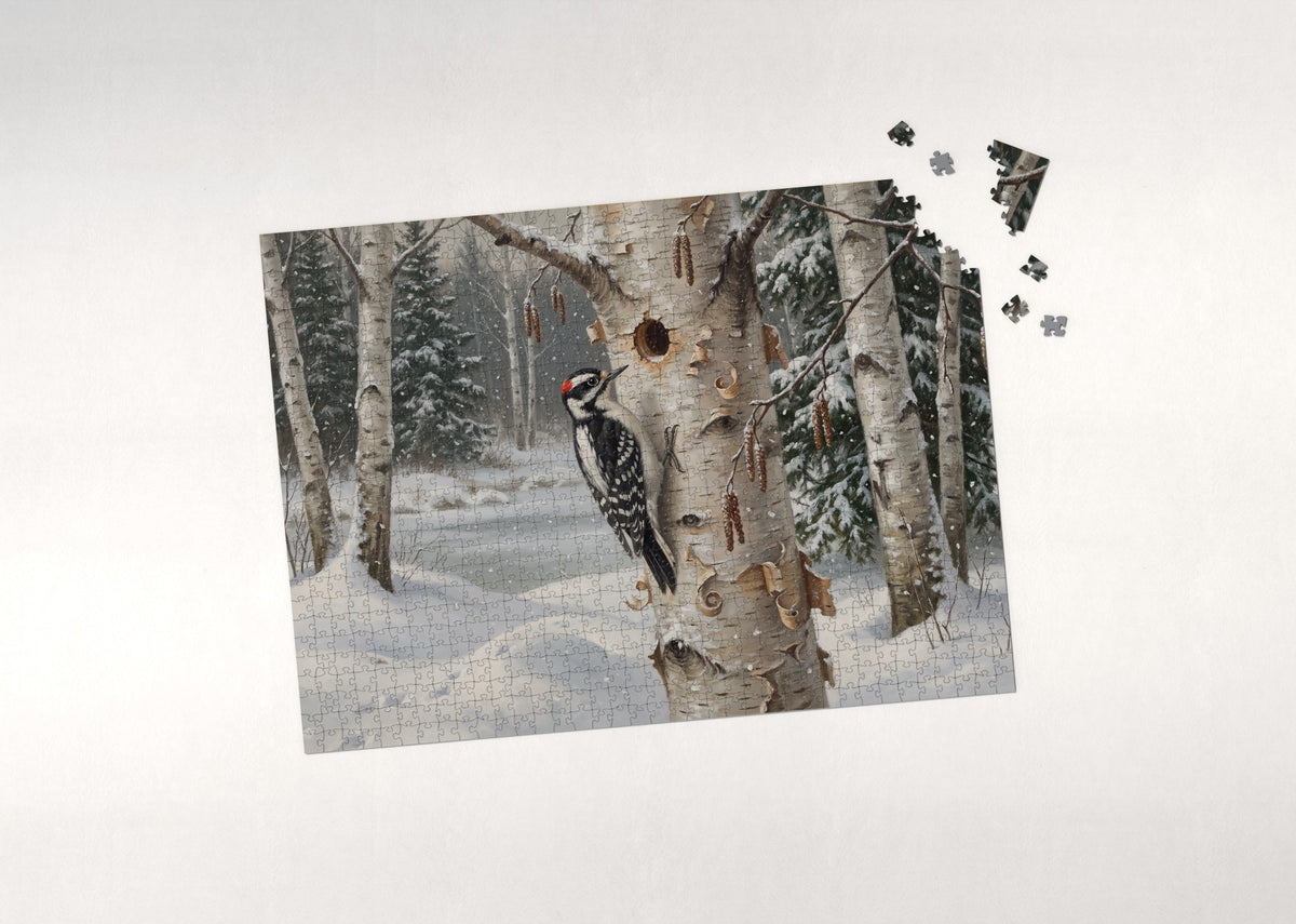 Downy Woodpecker in the Snowy Birch jigsaw puzzle - puzzle with loose pieces