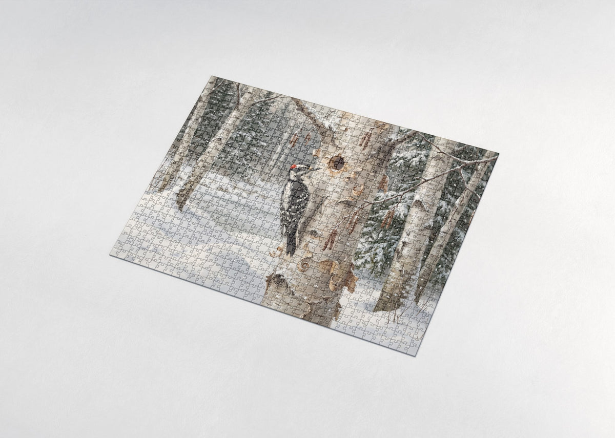 Downy Woodpecker in the Snowy Birch jigsaw puzzle - assembled puzzle
