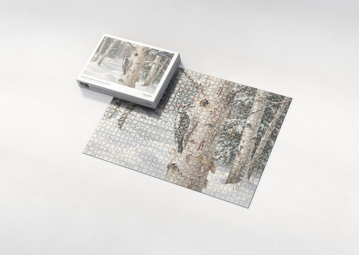 Downy Woodpecker in the Snowy Birch jigsaw puzzle - box and puzzle