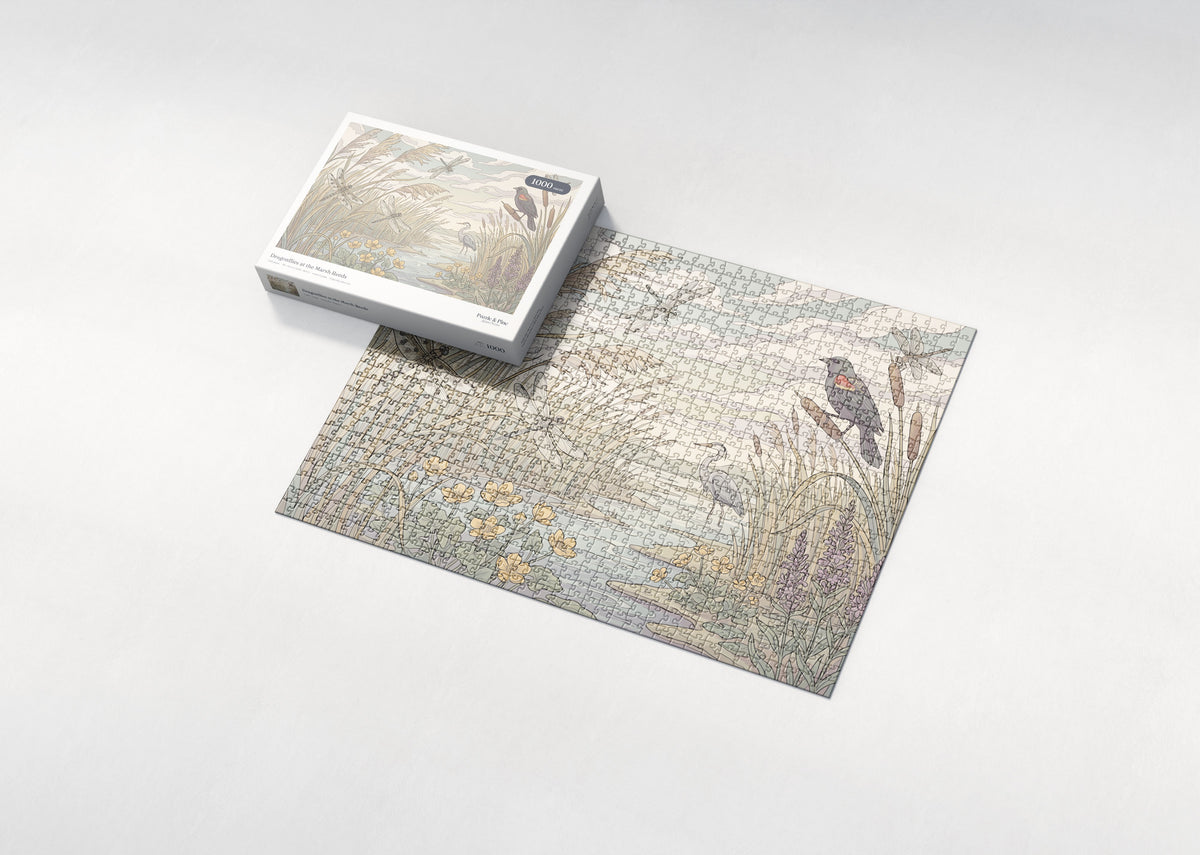 Dragonflies at the Marsh Reeds jigsaw puzzle - box and puzzle