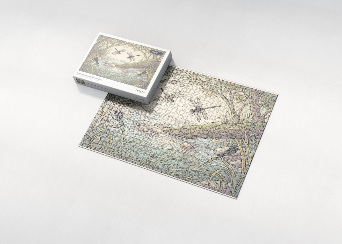 Dragonflies Over the Summer Creek jigsaw puzzle - box and puzzle