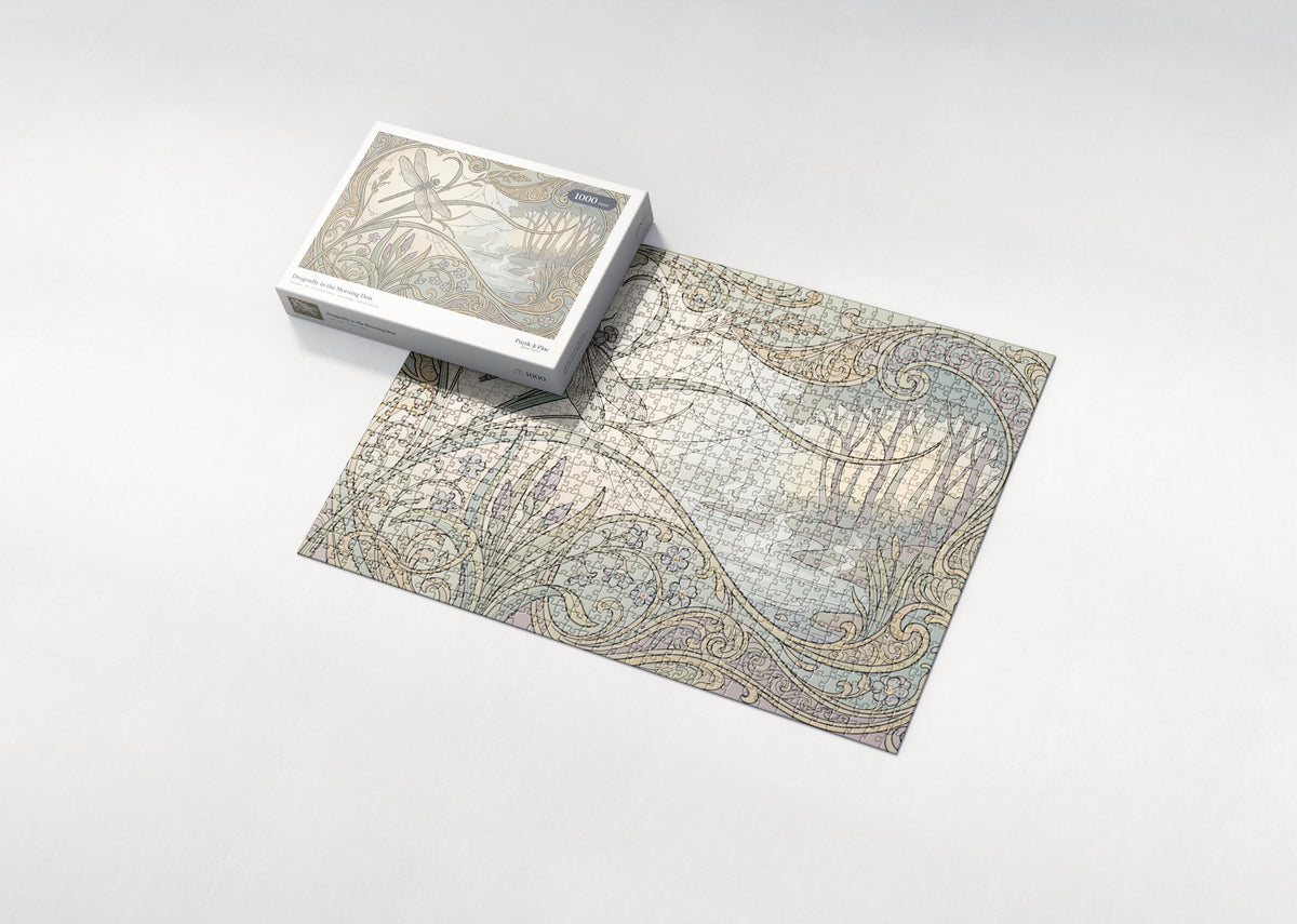 Dragonfly in the Morning Dew jigsaw puzzle - box and puzzle